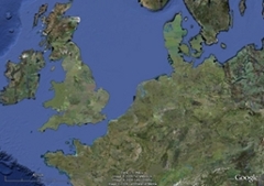 Zoomed out satelite map of UK showing location of Dunwich